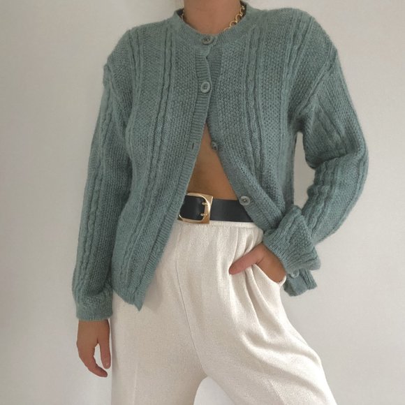 Vintage L.L. Bean Sage Green Mohair Cable Knit Cardigan Sweater - Picture 9 of 13